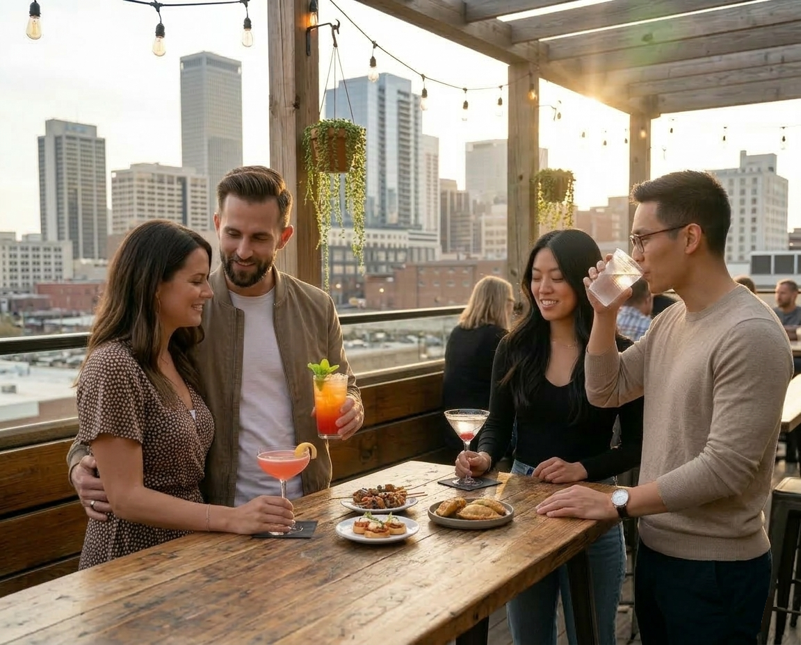 Four friends share a rooftop table, sipping bright cocktails while one sips water in a plastic cup and downtown buildings glow at sunset.