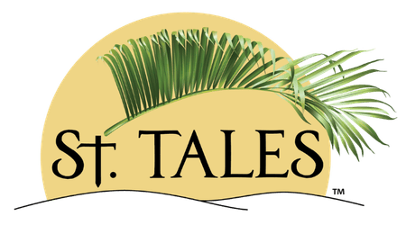St. Tales wordmark appears within a golden sun circle, accented by a sweeping green palm frond overhead.